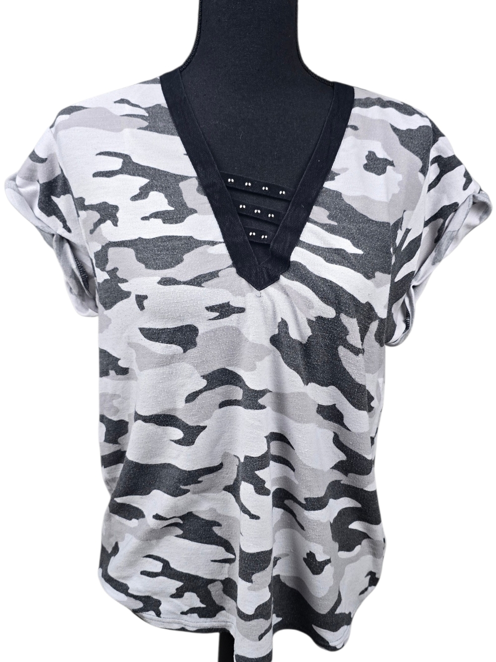Grey Camo V-Neck Women's Top with Studded Trim